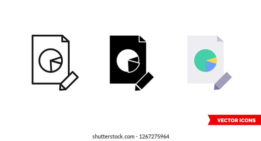 Edit pie chart report icon of 3 types: color, black and white, outline. Isolated vector sign symbol.
