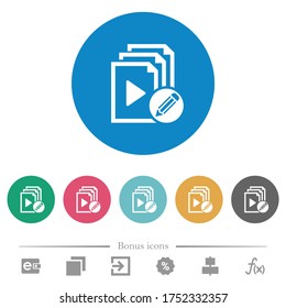 Edit playlist flat white icons on round color backgrounds. 6 bonus icons included.