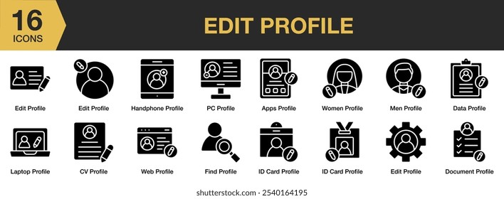 Edit profile Solid icons vector collection.