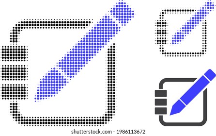 Edit records halftone dotted icon. Halftone pattern contains round dots. Vector illustration of edit records icon on a white background.
