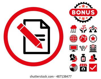 Edit Records icon with bonus design elements. Vector illustration style is flat iconic bicolor symbols, intensive red and black colors, white background.