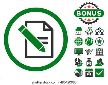 Edit Records icon with bonus elements. Vector illustration style is flat iconic bicolor symbols, green and gray colors, white background.