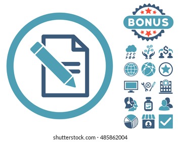 Edit Records icon with bonus images. Vector illustration style is flat iconic bicolor symbols, cyan and blue colors, white background.