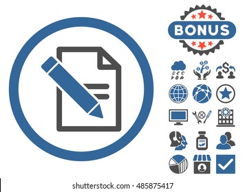 Edit Records icon with bonus pictures. Vector illustration style is flat iconic bicolor symbols, cobalt and gray colors, white background.