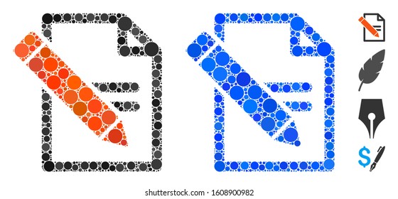 Edit records mosaic of round dots in different sizes and color tinges, based on edit records icon. Vector round dots are grouped into blue mosaic. Dotted edit records icon in usual and blue versions.