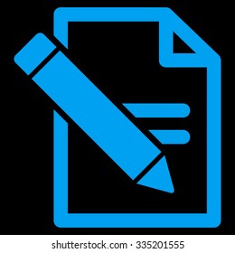 Edit Records vector icon. Style is flat symbol, blue color, rounded angles, black background.
