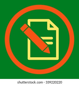 Edit Records vector icon. Style is bicolor flat rounded symbol, orange and yellow colors, rounded angles, green background.