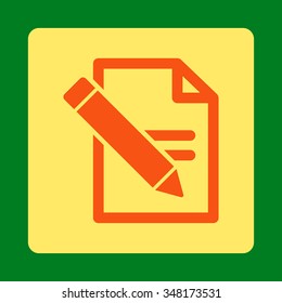Edit Records vector icon. Style is flat rounded square button, orange and yellow colors, green background.