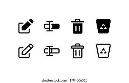 Edit, rename and delete icons. Outline and glyph style