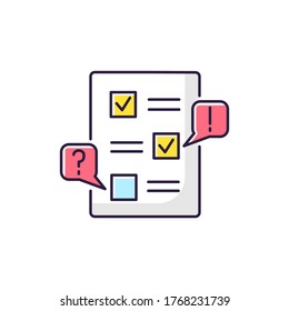 Edit RGB color icon. Checklist for draft. Examine paperwork for errors. Write and correct list. Incorrect work. Productivity review. Mark message. Grammar correction. Isolated vector illustration