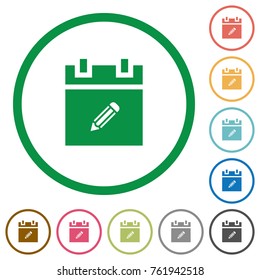 Edit schedule item flat color icons in round outlines on white background