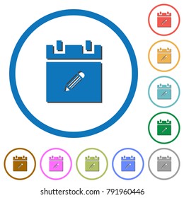 Edit schedule item flat color vector icons with shadows in round outlines on white background