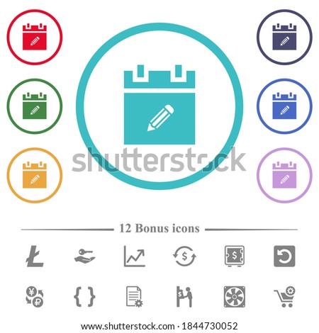Edit schedule item flat color icons in circle shape outlines. 12 bonus icons included.