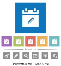 Edit schedule item flat white icons in square backgrounds. 6 bonus icons included.