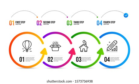 Edit statistics sign. Infographics timeline. Air balloon, Home and Packing boxes line icons set. Flight travel, House building, Delivery box. Seo manage. Technology set. Air balloon icon. Vector