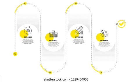 Edit statistics, Update data and Company line icons set. Timeline process infograph. Fireworks rocket sign. Seo manage, Sales statistics, Building. Pyrotechnic salute. Business set. Vector