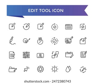 Edit tool icon collection. Related to editor, create, adjust, note, compose, revision, cut, duplicate, pen and document icons. Line icon set.