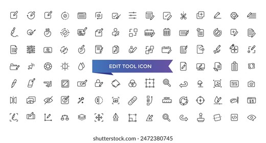 Edit tool icon collection. Related to editor, create, adjust, note, compose, revision, cut, duplicate, pen and document icons. Line icon set.