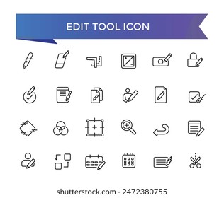 Edit tool icon collection. Related to editor, create, adjust, note, compose, revision, cut, duplicate, pen and document icons. Line icon set.