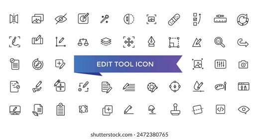 Edit tool icon collection. Related to editor, create, adjust, note, compose, revision, cut, duplicate, pen and document icons. Line icon set.