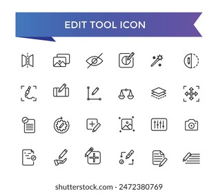 colección de iconos de herramientas de Editar. Relacionado con los iconos de editor, creación, ajuste, nota, maquetación, revisión, corte, duplicado, pluma y documento. Conjunto de iconos de línea.