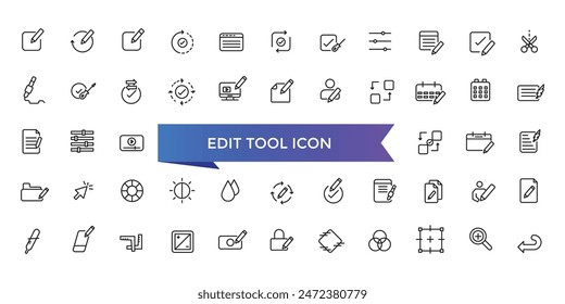 Edit tool icon collection. Related to editor, create, adjust, note, compose, revision, cut, duplicate, pen and document icons. Line icon set.