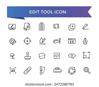 Edit tool icon collection. Related to editor, create, adjust, note, compose, revision, cut, duplicate, pen and document icons. Line icon set.