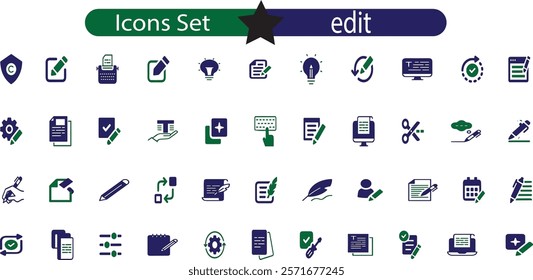 Edit tool icon set. Containing editor, create, adjust, note, compose, revision, cut, duplicate, pen and document icons.