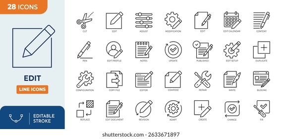 Edit tool icon set. Containing editor, revision, create, adjust, note, compose, cut, duplicate, pen and more. Editable stroke. Vector illustration