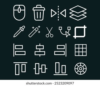 Edit tool icon set. Graphic Design Line Icons Editable Stroke. Trash Bin, Mouse, Mirror, Layer, Alignment, Eye Dropper, Magic Wand, Curve Tool. 