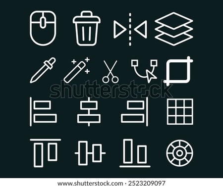 Edit tool icon set. Graphic Design Line Icons Editable Stroke. Trash Bin, Mouse, Mirror, Layer, Alignment, Eye Dropper, Magic Wand, Curve Tool. 