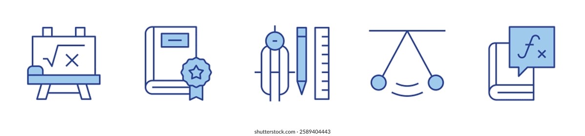 edit tools, pendulum, blackboard, maths, best seller. School Icon vector illustration. Line Duotone style. Editable stroke.