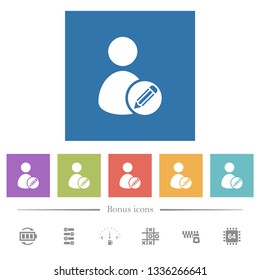 Edit user account flat white icons in square backgrounds. 6 bonus icons included.