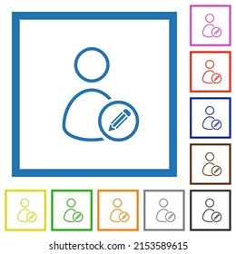 Edit user account outline flat color icons in square frames on white background