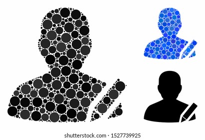Edit user composition of spheric dots in various sizes and color tones, based on edit user icon. Vector dots are organized into blue composition. Dotted edit user icon in usual and blue versions.