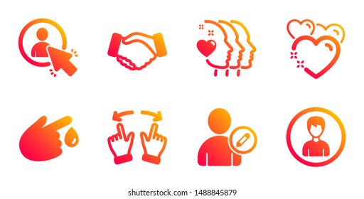 Edit user, Handshake and Heart line icons set. Friends couple, Move gesture and User signs. Blood donation, Person symbols. Profile data, Deal hand. People set. Gradient edit user icons set. Vector