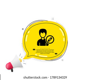Edit User icon. Quote speech bubble. Profile Avatar with pencil sign. Male Person silhouette symbol. Quotation marks. Classic edit person icon. Vector