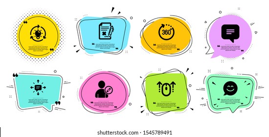 Edit user, Idea and Smile chat line icons set. Chat bubbles with quotes. 360 degrees, Text message and Reject file signs. Sms, Swipe up symbols. Profile data, Lightbulb. Technology set. Vector
