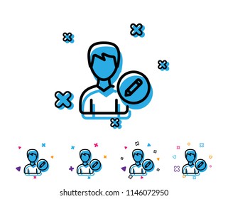 Edit User line icon. Profile Avatar with pencil sign. Male Person silhouette symbol. Line icon with geometric elements. Bright colourful design. Vector