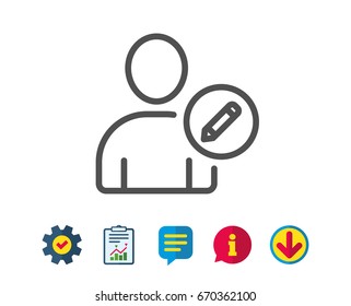 Edit User line icon. Profile Avatar with pencil sign. Person silhouette symbol. Report, Service and Information line signs. Download, Speech bubble icons. Editable stroke. Vector