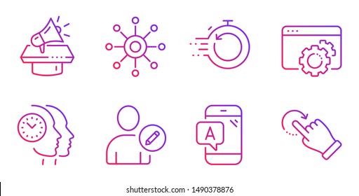 Edit user, Seo gear and Fast recovery line icons set. Megaphone, Time management and Multichannel signs. Ab testing, Rotation gesture symbols. Profile data, Settings. Technology set. Vector