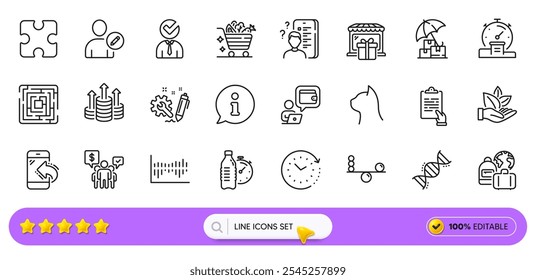 Usuario de Editar, Carrito de verduras e iconos de línea de equilibrio para App de Web. Paquete de temporizador, diagrama de columna, iconos de pictograma de tienda de regalos. Vacante, llamada entrante, señales de Portapapeles. Rompecabezas, Cuidado de mascotas. Barra de Búsqueda. Vector