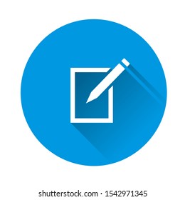 Edit vector icon on on blue background. Document pencil edit.  Flat image with long shadow.