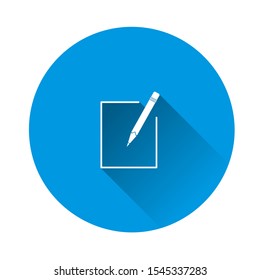 Edit vector icon on on blue background. Document pencil edit.  Flat image with long shadow.
