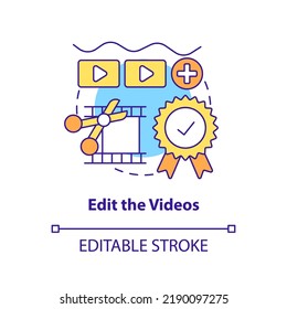 Edit videos concept icon. Cut and add transitions. E Learning video tip abstract idea thin line illustration. Isolated outline drawing. Editable stroke. Arial, Myriad Pro-Bold fonts used