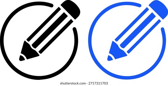 edit and write icon set, pencil in circle symbols for content creation, flat vector illustration
