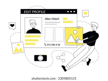 Editar el concepto de su perfil. El hombre desarrolla elementos gráficos para el sitio web de medios sociales, llena de información sobre él. Plantilla, disposición y burla. Ilustración lineal vectorial