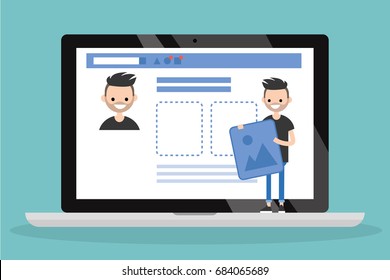 Edit your profile. Conceptual illustration. Young character uploading a photo on his social media profile / flat vector illustration, clip art