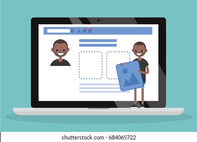 Edit your profile. Conceptual illustration. Young black character uploading a photo on his social media profile / flat vector illustration, clip art