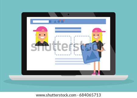 Edit your profile. Conceptual illustration. Young female character uploading a photo on her social media profile / flat vector illustration, clip art